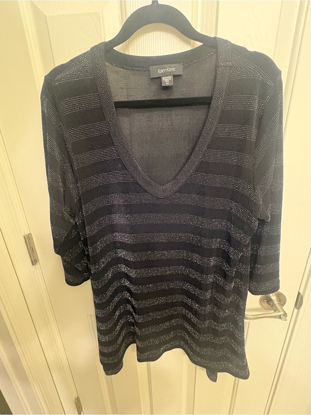 Karen Kane Black Silver Metallic Stripe V-Neck Top.